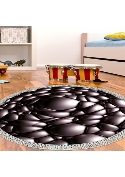 Kaymaz Dijital Mutfak & Salon Halı Trend Saçaklı Yuvarlak Geometrik E5009 Siyah