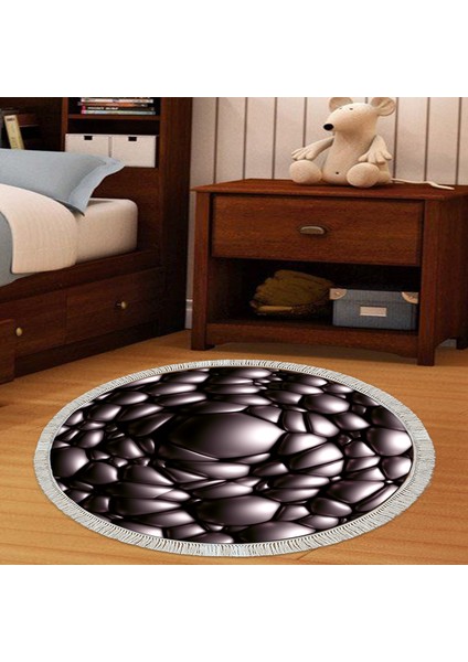 Kaymaz Dijital Mutfak & Salon Halı Trend Saçaklı Yuvarlak Geometrik E5009 Siyah