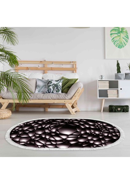Kaymaz Dijital Mutfak & Salon Halı Star Pamuk Saçaklı Oval Geometrik E5009 Siyah