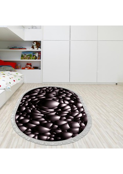 Kaymaz Dijital Mutfak & Salon Halı Star Pamuk Saçaklı Oval Geometrik E5009 Siyah