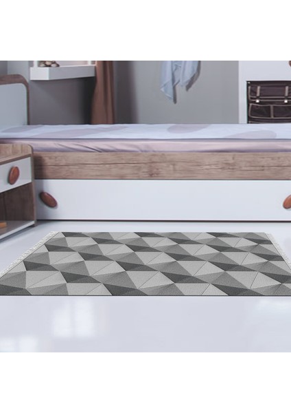 Kaymaz Dijital Mutfak & Salon Halı Trend Saçaklı Geometrik E5010 Gri