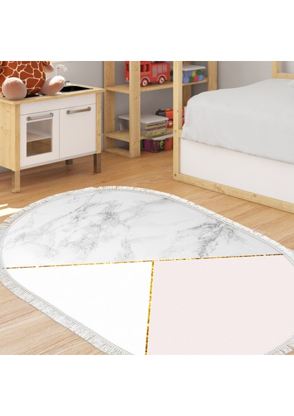Kaymaz Dijital Mutfak & Salon Halı Star Pamuk Saçaklı Oval Geometrik E5008 Beyaz
