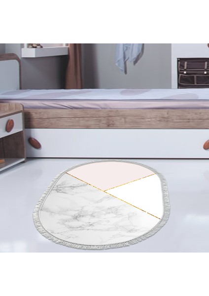 Kaymaz Dijital Mutfak & Salon Halı Star Pamuk Saçaklı Oval Geometrik E5008 Beyaz