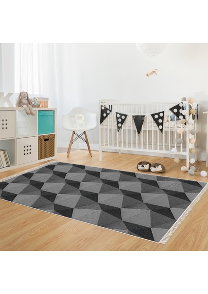 Kaymaz Dijital Mutfak & Salon Halı Star Pamuk Saçaklı Geometrik E5010 Gri