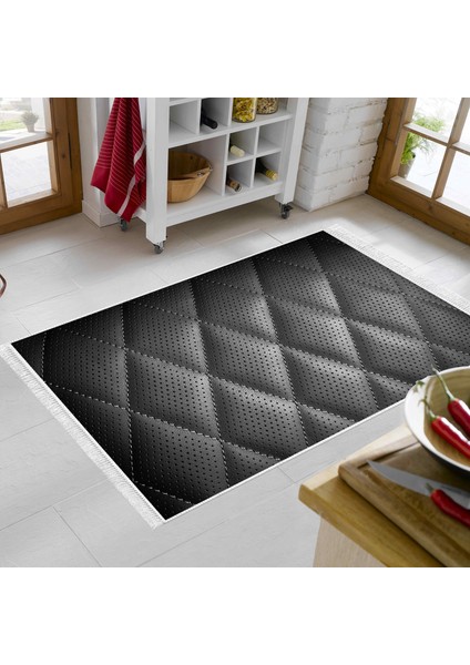 Kaymaz Dijital Mutfak & Salon Halı Yıldız Deri Saçaklı Geometrik E5013 Siyah