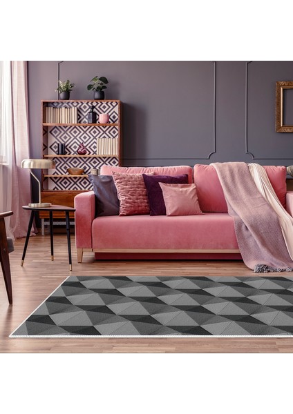 Kaymaz Dijital Mutfak & Salon Halı Star Pamuk Geometrik E5010 Gri