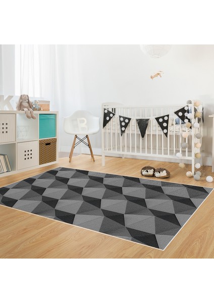Kaymaz Dijital Mutfak & Salon Halı Star Pamuk Geometrik E5010 Gri