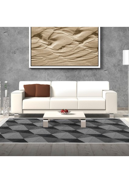Kaymaz Dijital Mutfak & Salon Halı Trend Saçaklı Geometrik E5010 Gri