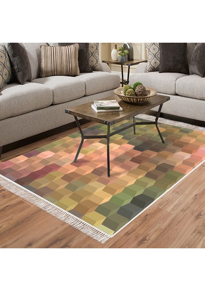 Kaymaz Dijital Mutfak & Salon Halı Yıldız Deri Saçaklı Geometrik E5014 Renkli