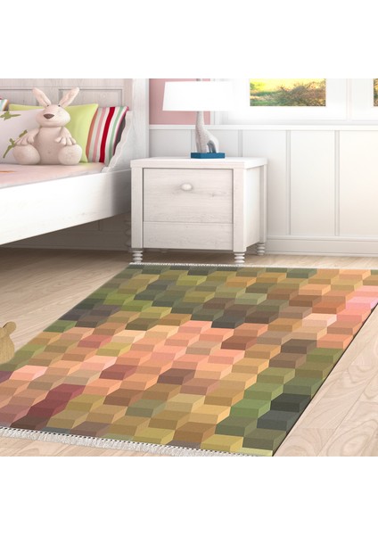 Kaymaz Dijital Mutfak & Salon Halı Yıldız Deri Saçaklı Geometrik E5014 Renkli