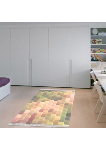 Kaymaz Dijital Mutfak & Salon Halı Yıldız Deri Saçaklı Geometrik E5014 Renkli