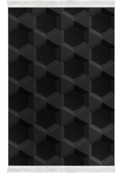 Kaymaz Dijital Mutfak & Salon Halı Trend Saçaklı Geometrik E5016 Siyah