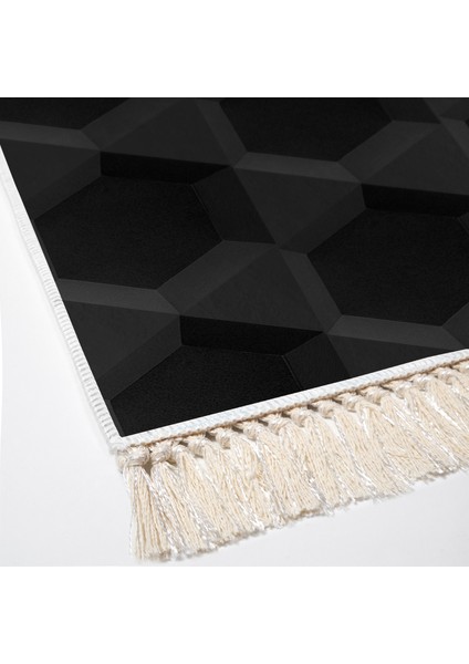 Kaymaz Dijital Mutfak & Salon Halı Trend Saçaklı Geometrik E5016 Siyah