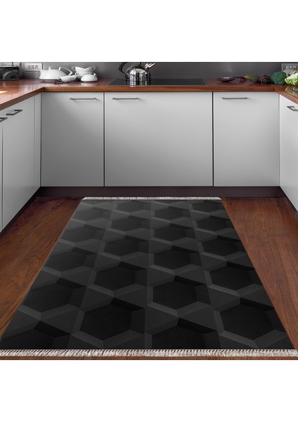 Kaymaz Dijital Mutfak & Salon Halı Trend Saçaklı Geometrik E5016 Siyah