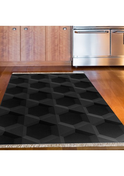 Kaymaz Dijital Mutfak & Salon Halı Star Pamuk Saçaklı Geometrik E5016 Siyah