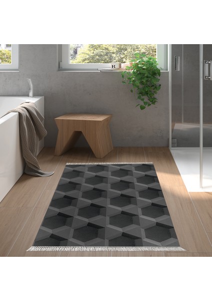 Kaymaz Dijital Mutfak & Salon Halı Star Pamuk Saçaklı Geometrik E5016 Siyah