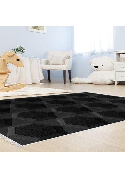 Kaymaz Dijital Mutfak & Salon Halı Star Pamuk Saçaklı Geometrik E5016 Siyah