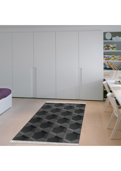 Kaymaz Dijital Mutfak & Salon Halı Star Pamuk Saçaklı Geometrik E5016 Siyah