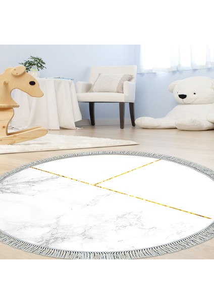 Kaymaz Dijital Mutfak & Salon Halı Yıldız Deri Saçaklı Yuvarlak Geometrik E5008 Beyaz