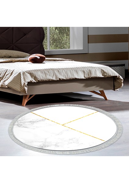 Kaymaz Dijital Mutfak & Salon Halı Yıldız Deri Saçaklı Yuvarlak Geometrik E5008 Beyaz