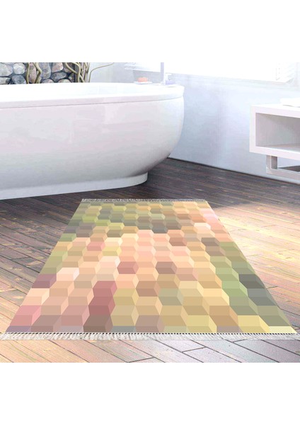 Kaymaz Dijital Mutfak & Salon Halı Trend Saçaklı Geometrik E5014 Renkli