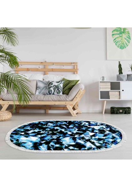 Kaymaz Dijital Mutfak & Salon Halı Trend Saçaklı Oval Geometrik E5012 Mavi