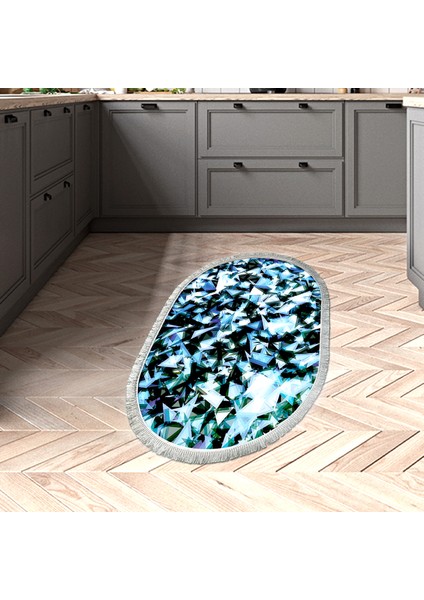 Kaymaz Dijital Mutfak & Salon Halı Trend Saçaklı Oval Geometrik E5012 Mavi
