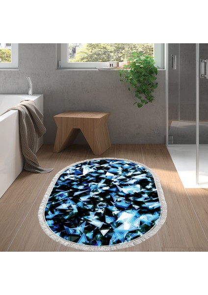 Kaymaz Dijital Mutfak & Salon Halı Trend Saçaklı Oval Geometrik E5012 Mavi