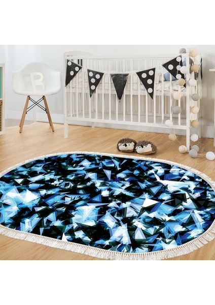 Kaymaz Dijital Mutfak & Salon Halı Trend Saçaklı Oval Geometrik E5012 Mavi