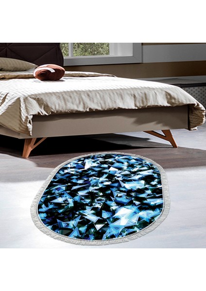 Kaymaz Dijital Mutfak & Salon Halı Trend Saçaklı Oval Geometrik E5012 Mavi
