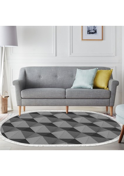 Kaymaz Dijital Mutfak & Salon Halı Trend Saçaklı Oval Geometrik E5010 Gri