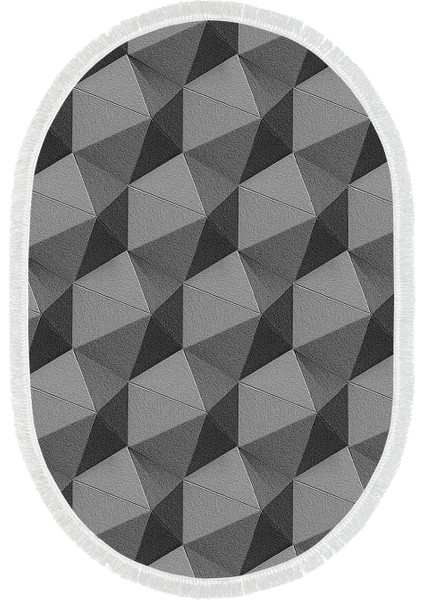 Kaymaz Dijital Mutfak & Salon Halı Trend Saçaklı Oval Geometrik E5010 Gri