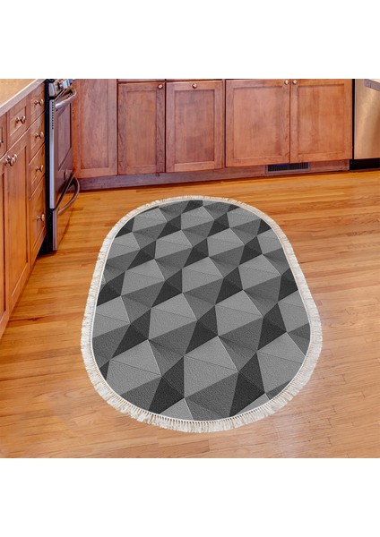 Kaymaz Dijital Mutfak & Salon Halı Trend Saçaklı Oval Geometrik E5010 Gri