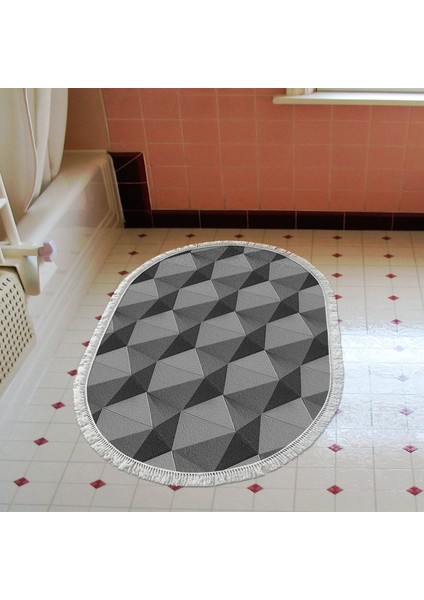 Kaymaz Dijital Mutfak & Salon Halı Trend Saçaklı Oval Geometrik E5010 Gri