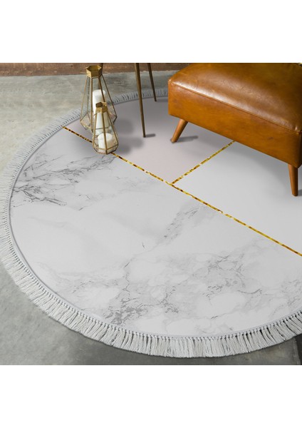 Kaymaz Dijital Mutfak & Salon Halı Trend Saçaklı Yuvarlak Geometrik E5008 Beyaz