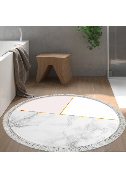 Kaymaz Dijital Mutfak & Salon Halı Trend Saçaklı Yuvarlak Geometrik E5008 Beyaz
