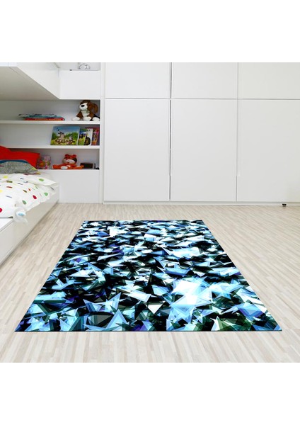 Kaymaz Dijital Mutfak & Salon Halı Yıldız Deri Geometrik E5012 Mavi
