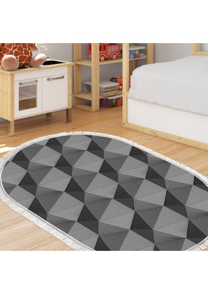 Kaymaz Dijital Mutfak & Salon Halı Trend Saçaklı Oval Geometrik E5010 Gri