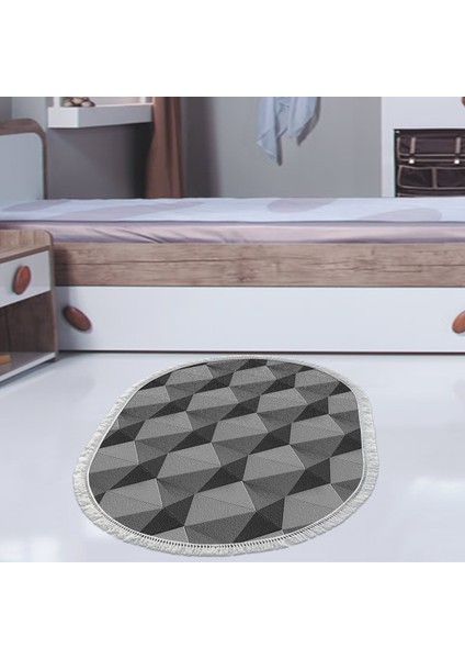 Kaymaz Dijital Mutfak & Salon Halı Trend Saçaklı Oval Geometrik E5010 Gri