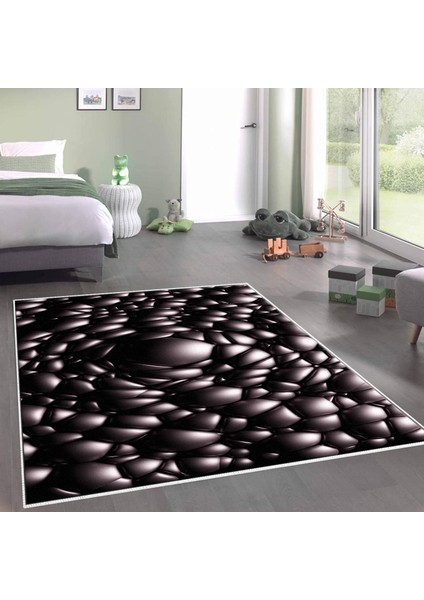Kaymaz Dijital Mutfak & Salon Halı Yıldız Deri Geometrik E5009 Siyah