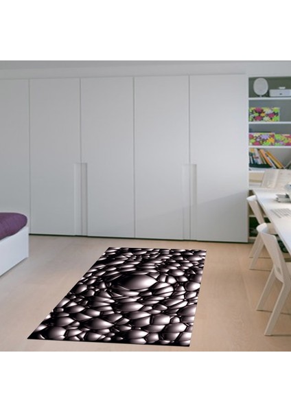 Kaymaz Dijital Mutfak & Salon Halı Yıldız Deri Geometrik E5009 Siyah