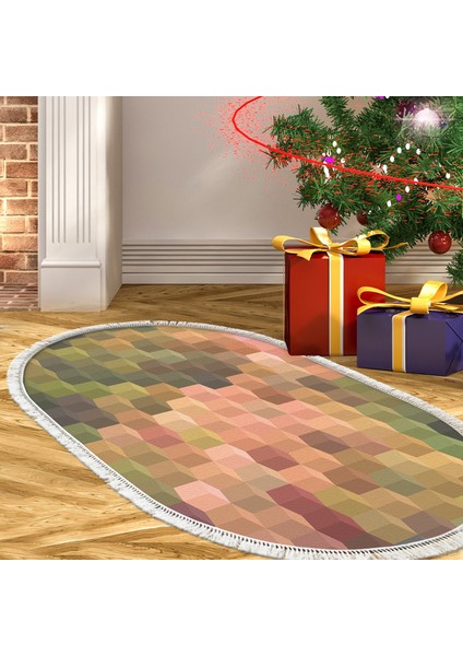 Kaymaz Dijital Mutfak & Salon Halı Yıldız Deri Saçaklı Oval Geometrik E5014 Renkli