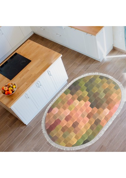 Kaymaz Dijital Mutfak & Salon Halı Yıldız Deri Saçaklı Oval Geometrik E5014 Renkli