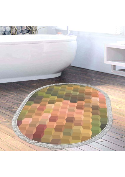 Kaymaz Dijital Mutfak & Salon Halı Yıldız Deri Saçaklı Oval Geometrik E5014 Renkli