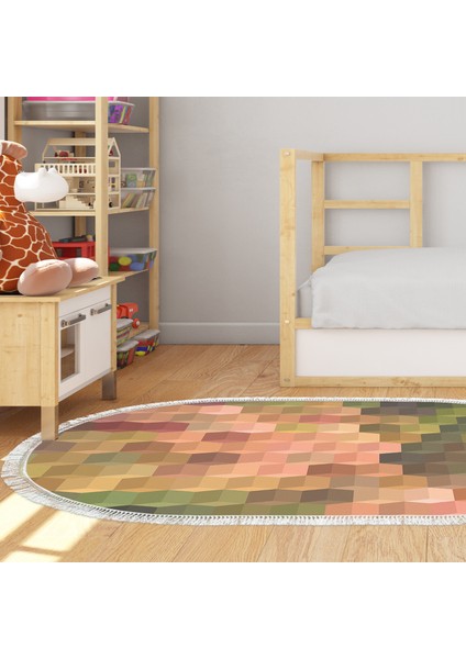 Kaymaz Dijital Mutfak & Salon Halı Yıldız Deri Saçaklı Oval Geometrik E5014 Renkli