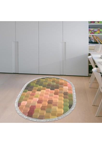 Kaymaz Dijital Mutfak & Salon Halı Yıldız Deri Saçaklı Oval Geometrik E5014 Renkli