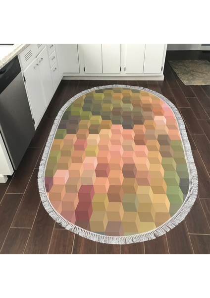 Kaymaz Dijital Mutfak & Salon Halı Star Pamuk Saçaklı Oval Geometrik E5014 Renkli indirimleri