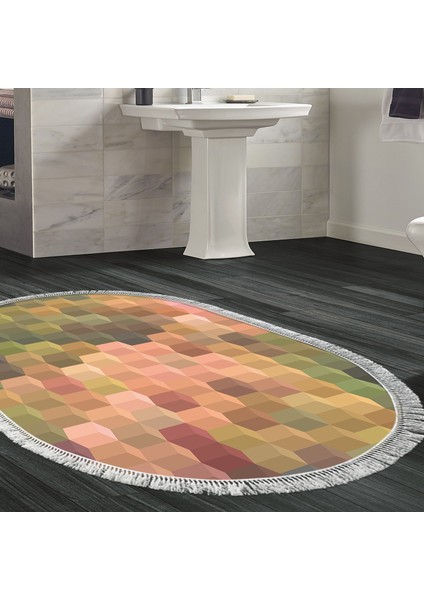 Kaymaz Dijital Mutfak & Salon Halı Star Pamuk Saçaklı Oval Geometrik E5014 Renkli