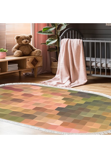 Kaymaz Dijital Mutfak & Salon Halı Star Pamuk Saçaklı Oval Geometrik E5014 Renkli