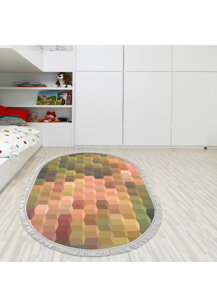 Kaymaz Dijital Mutfak & Salon Halı Star Pamuk Saçaklı Oval Geometrik E5014 Renkli